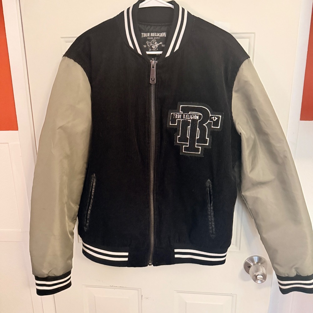 True Religion Mens Varsity Jacket Black Corduroy Olive Green Sleeves Size M